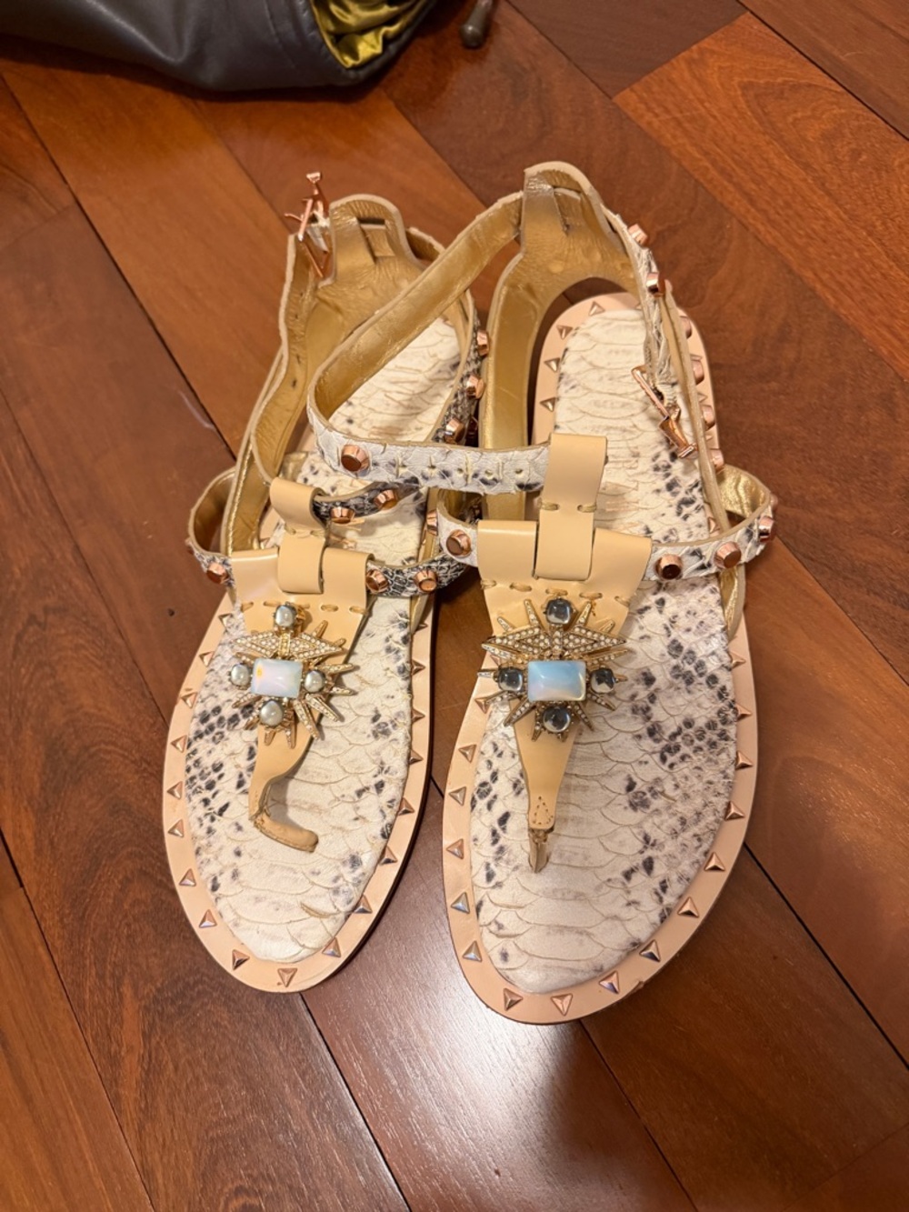 Ivy Kirzhner Tan Jeweled Snake-Print Thong Sandals - Picture 3 of 4